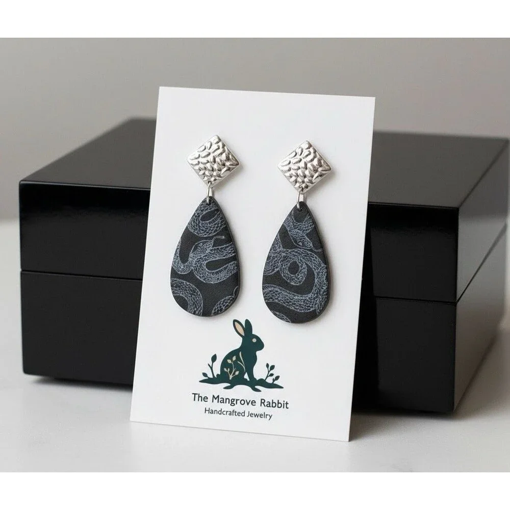 Polymer Clay Lg Dangle Earrings Black Silver Snake Animal Print Handmade SS Post